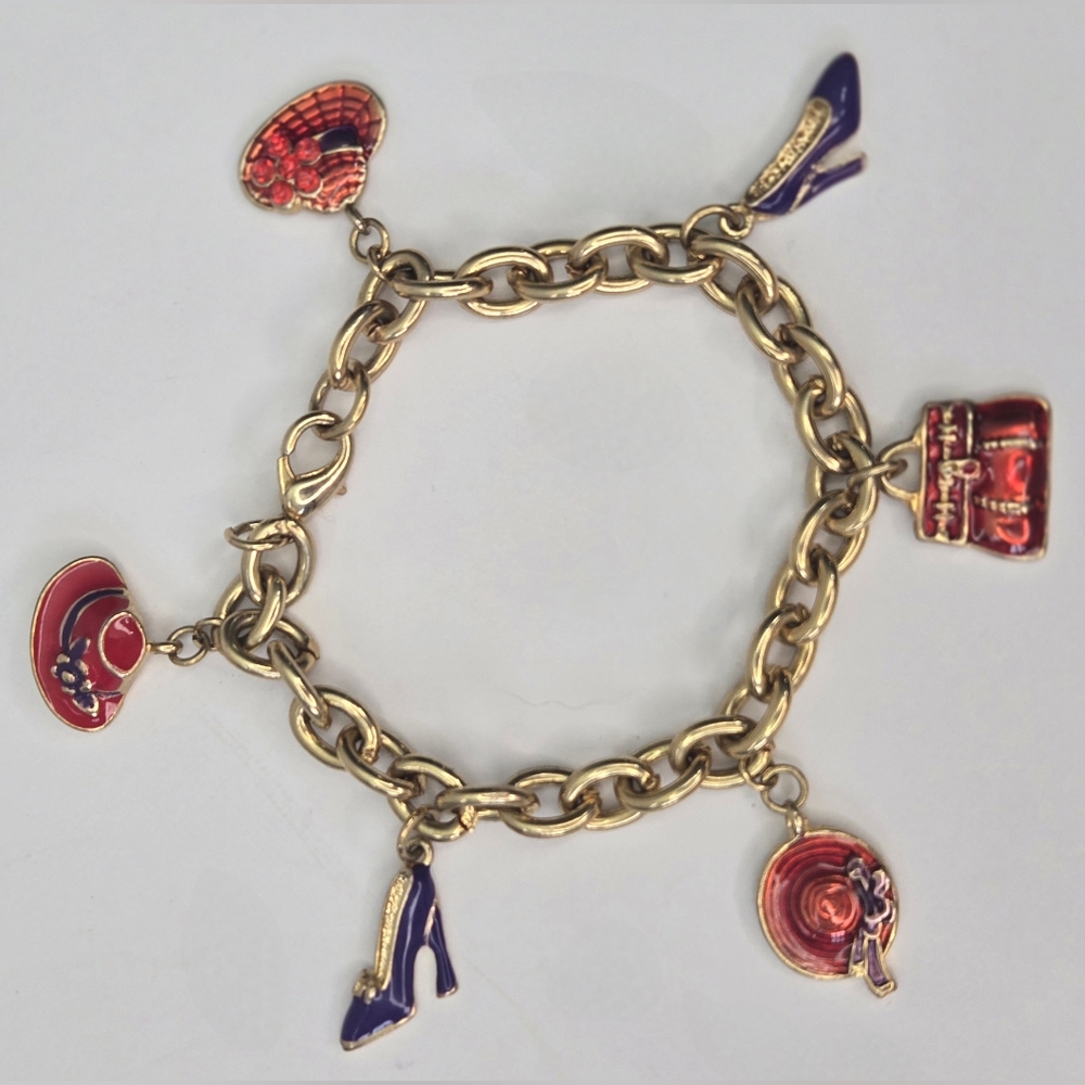 Vintage Red Hat Society 6 Charms Bracelet Gold Tone Chain, Purse,‎ Hats & Shoes - Picture 2 of 5